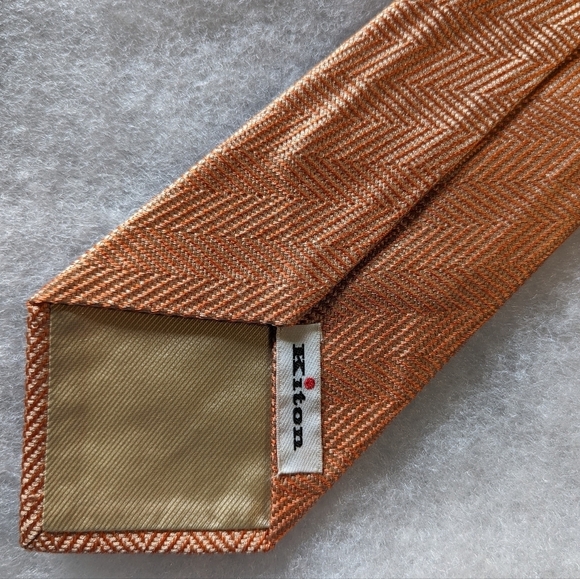 Kiton 7 Fold Orange Herringbone Tie - Picture 3 of 4